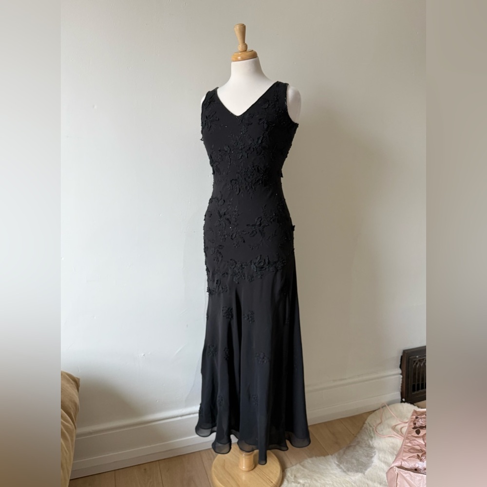 Vintage 90s ASPEED Black Beaded Maxi Dress | Floral Appliqué Evening Gown